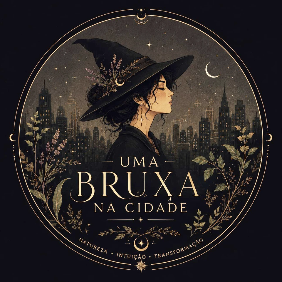 Uma Bruxa na Cidade: uma bruxa entre ervas, estrelas e a paisagem da cidade, em um círculo dourado.